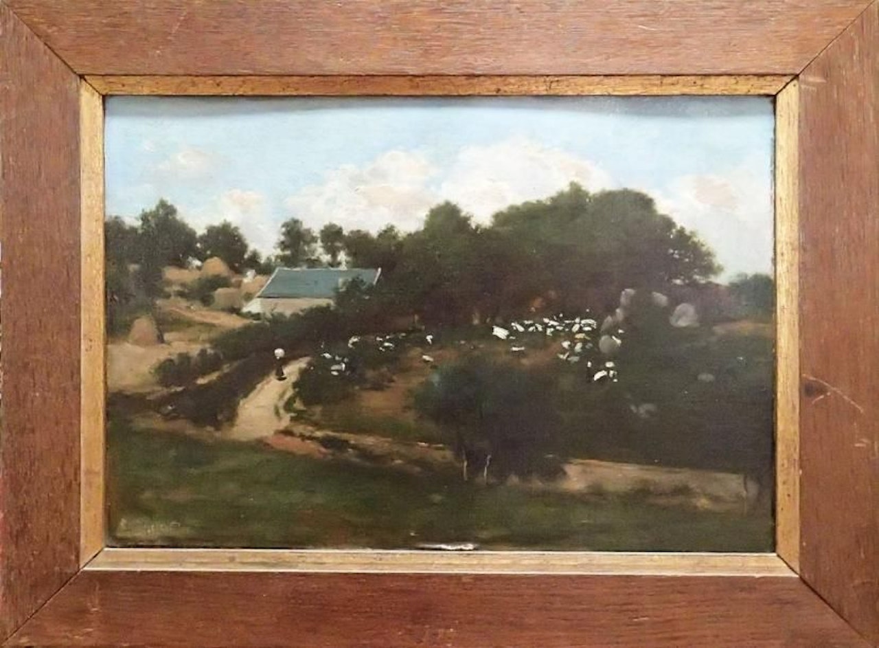 Paysage animé au linge séchant dans les champs by French School