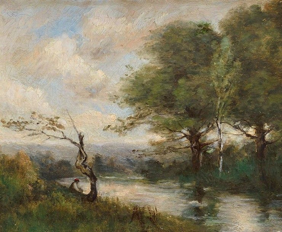 Pêcheur en bord de rivière by French School