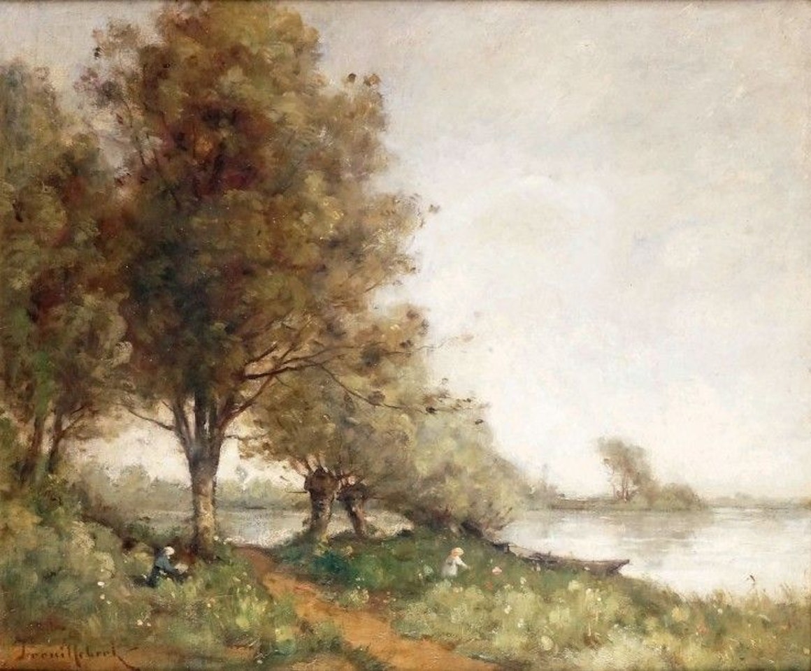 GIRL AND BOAT BY THE RIVER by Paul Désiré Trouillebert