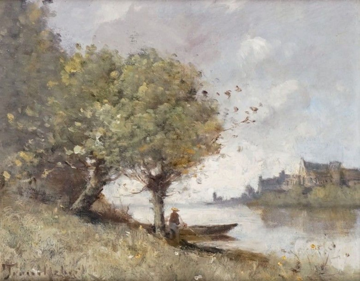 FISHERMAN AND BOAT BY THE RIVER by Paul Désiré Trouillebert