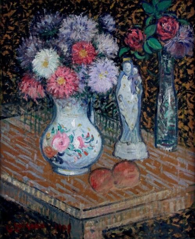 STILL LIFE WITH A VASE OF DAHLIAS AND A STATUETTE OF SAINT ANNE by Gustave Loiseau