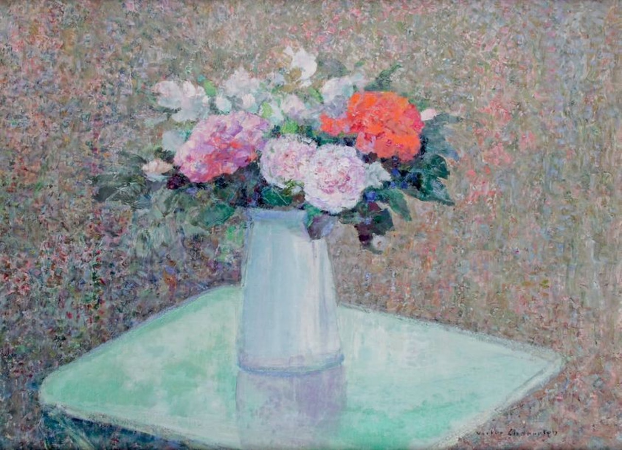 VASE OF FLOWERS ON AN ENTABLE by Victor Charreton