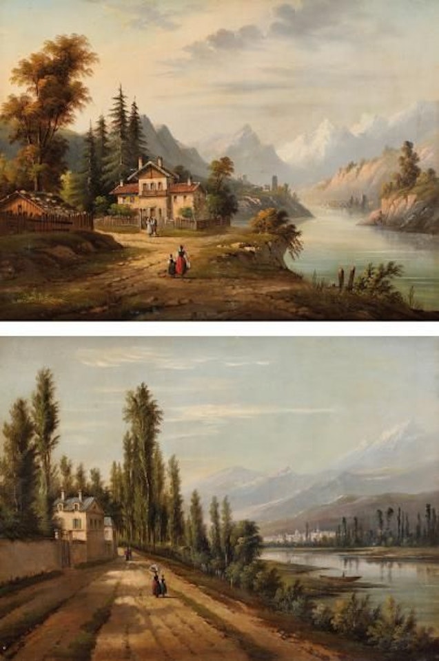 Scènes animées en bord de lac by Italian School