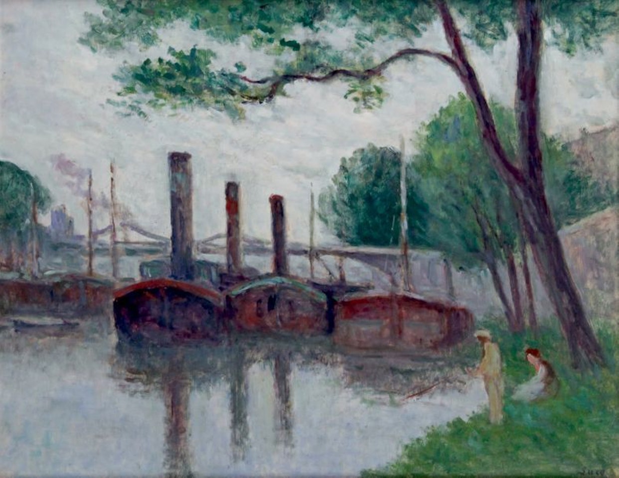 BOATS ON THE BANK OF THE SEINE by Maximilien Luce