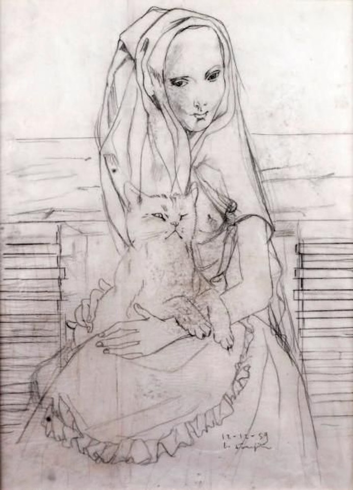 THE YOUNG GIRL WITH THE CAT by Leonard Tsuguharu Foujita