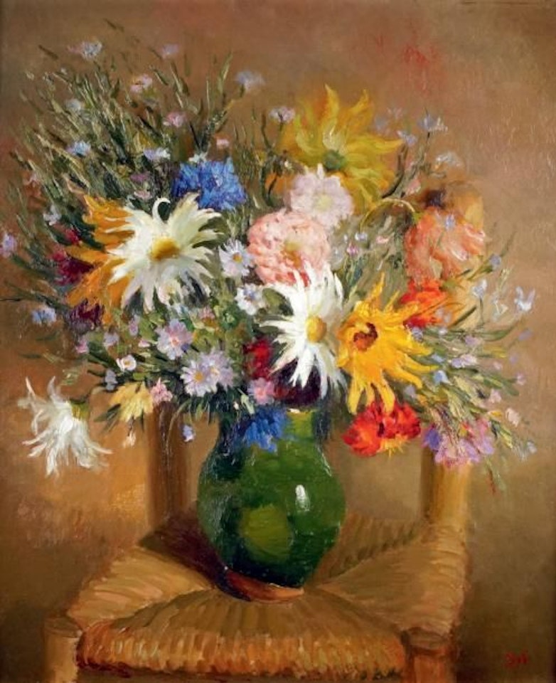 BOUQUET WITH A GREEN VASE ON A STRAW CHAIR by Marcel Dyf
