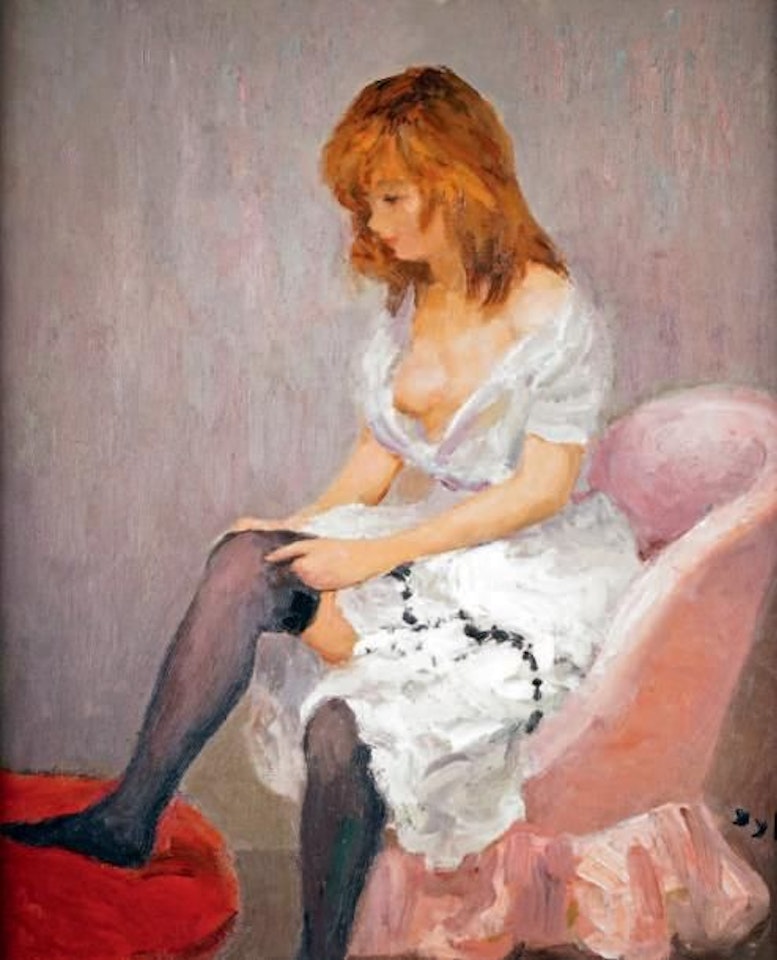 CATHY PUTTING ON HER STOCKINGS by Marcel Dyf