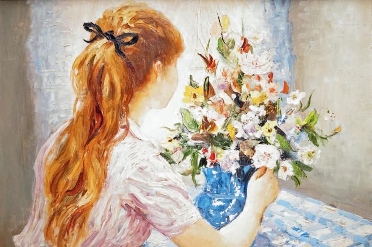 CLAUDINE COMPOSING A BOUQUET ON THE CHECKED TABLECLOTH by Marcel Dyf