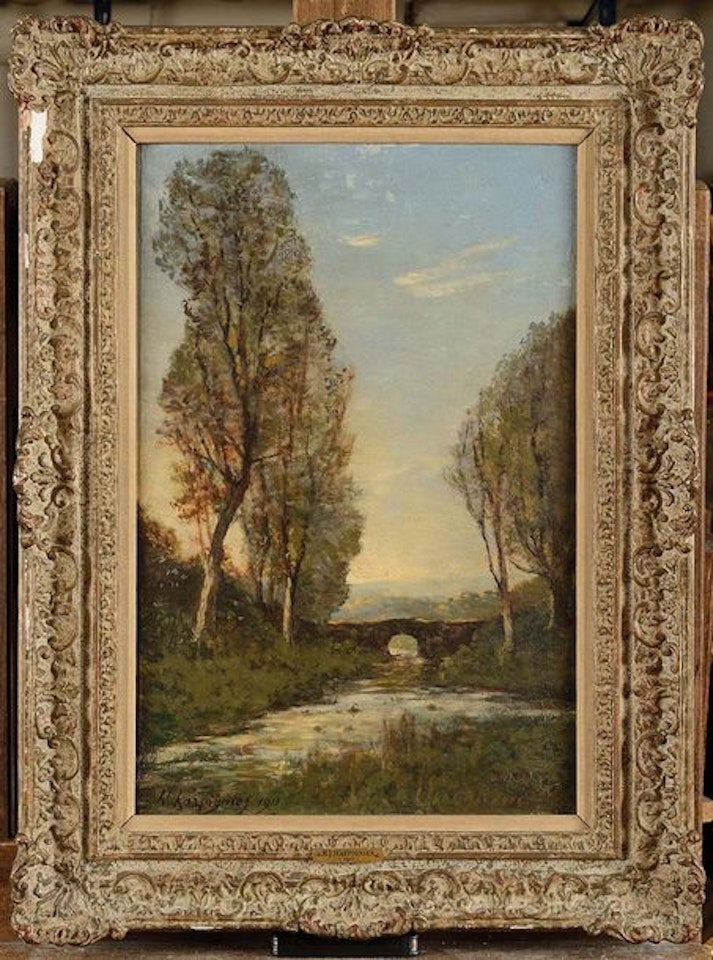 Le pont romain Huile sur panneau by Henri Harpignies