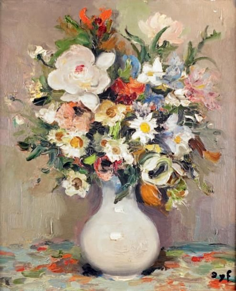 FLOWERS IN A WHITE OPALINE VASE by Marcel Dyf