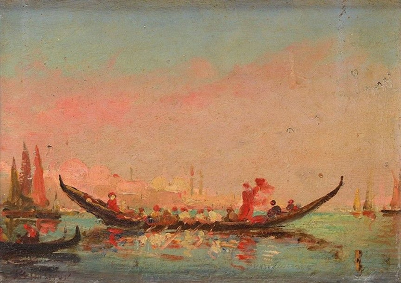 Gondole sur le grand canal à Venise by French School
