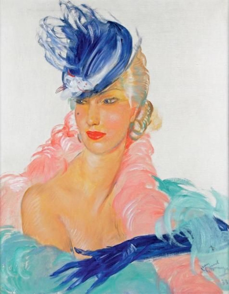 ELEGANT WITH A BLUE BIBI AND BOA by Jean Gabriel Domergue