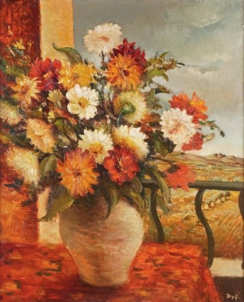LARGE VASE OF DAHLIAS IN FRONT OF THE WINDOW by Marcel Dyf
