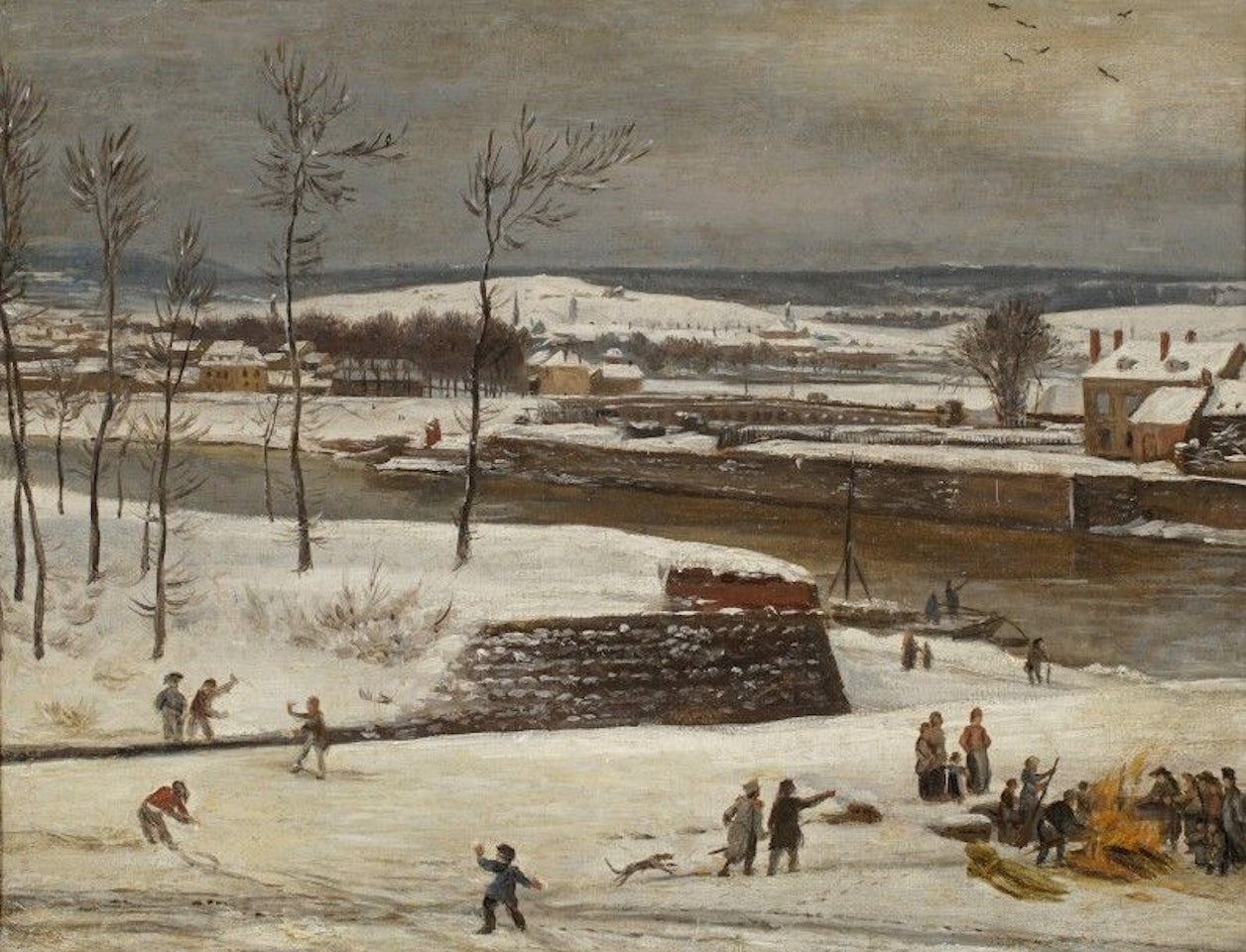 Winter scene at the river by French School