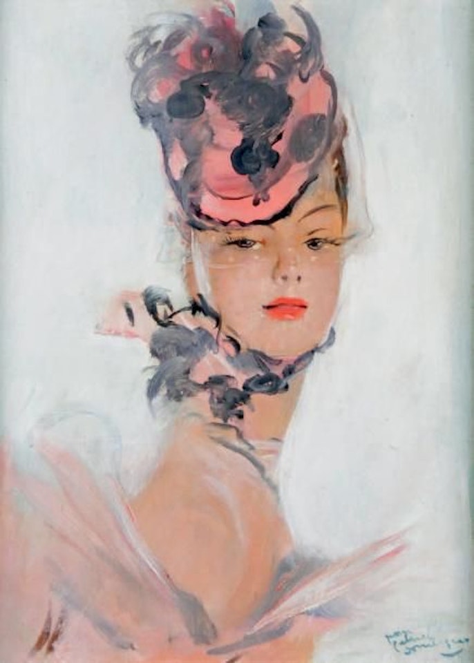 PORTRAIT OF YOUNG WOMAN WITH PINK BIBI by Jean Gabriel Domergue