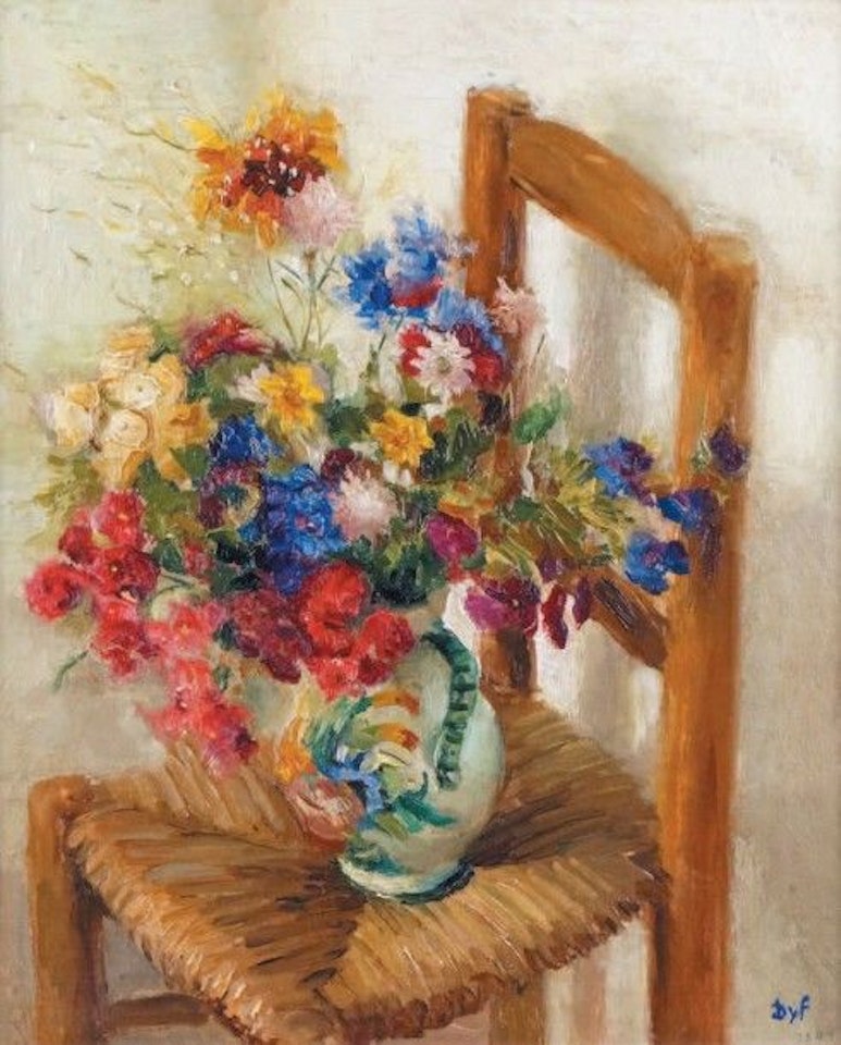 VASE OF FIELD FLOWERS ON A CHAIR by Marcel Dyf