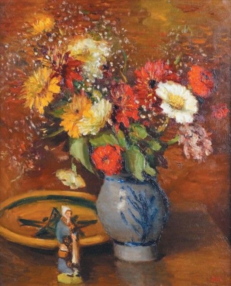 STILL LIFE WITH ZINIAS VASE AND SANTON by Marcel Dyf