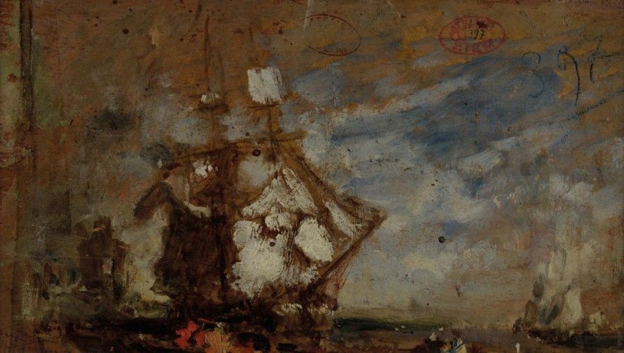 Venice, the French garden in the evening, on the reverse study of three-masted ships  by Félix Ziem
