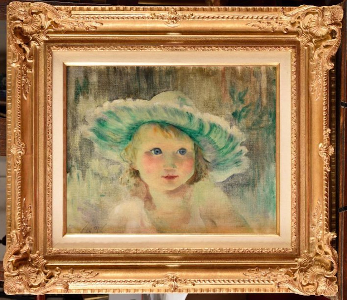 Portrait of a little girl with a green hat by Henry Jules Jean Geoffroy