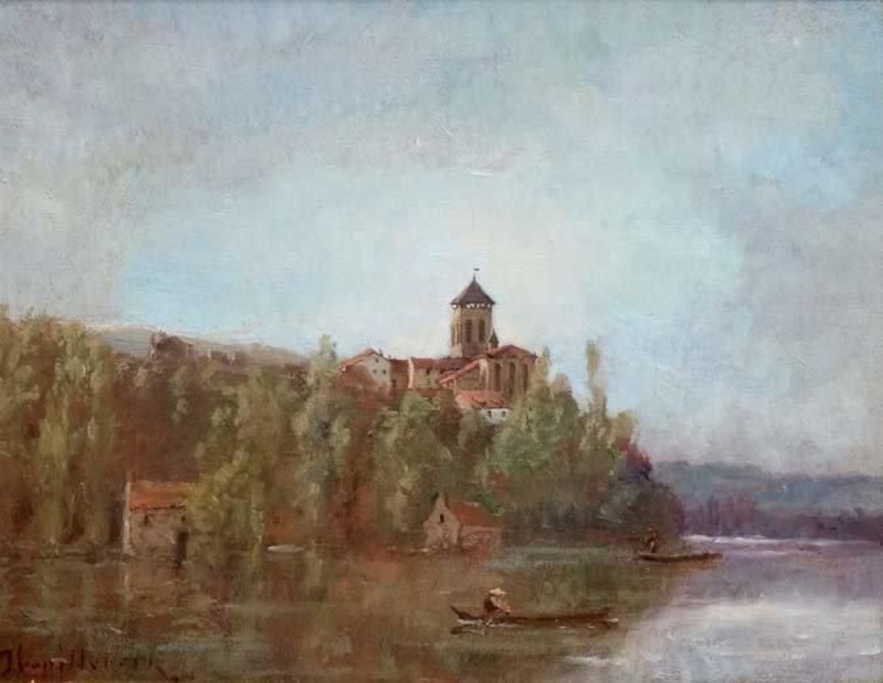 RIVER LANDSCAPE WITH BOAT NEAR THE CHURCH by Paul Désiré Trouillebert
