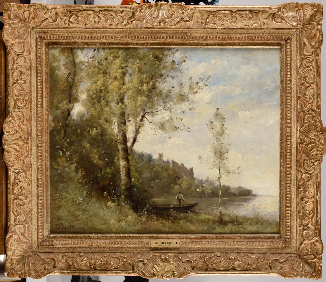 Fisherman in a boat at the foot of a castle by Paul Désiré Trouillebert