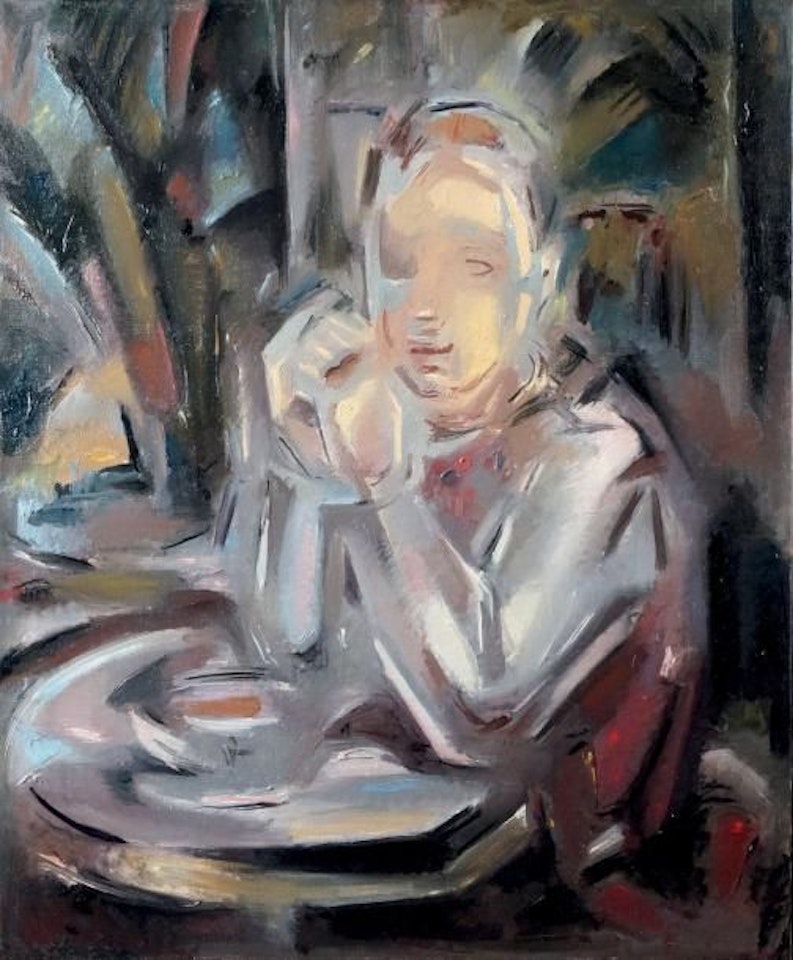 YOUNG GIRL SITTING AT THE TABLE FACING A CUP by Maria Blanchard