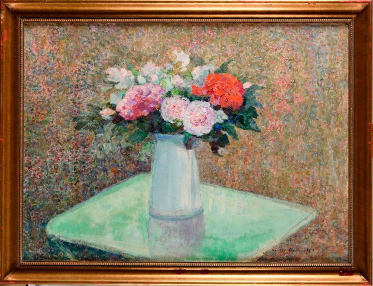 Vase of flowers on an entablature by Victor Charreton