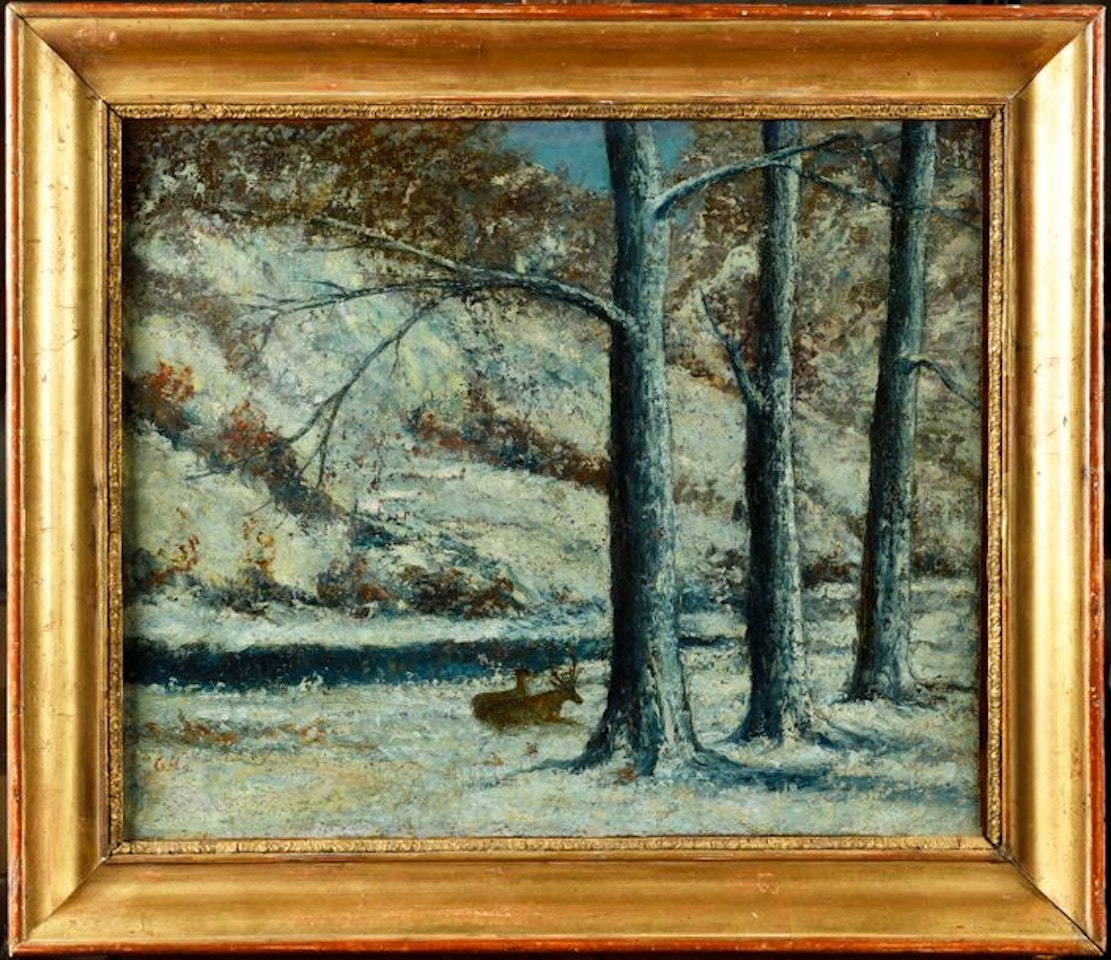Two deer at rest in a snowy landscape by Gustave Courbet