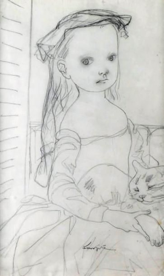 YOUNG GIRL AND HER CAT IN FRONT OF THE WINDOW by Leonard Tsuguharu Foujita