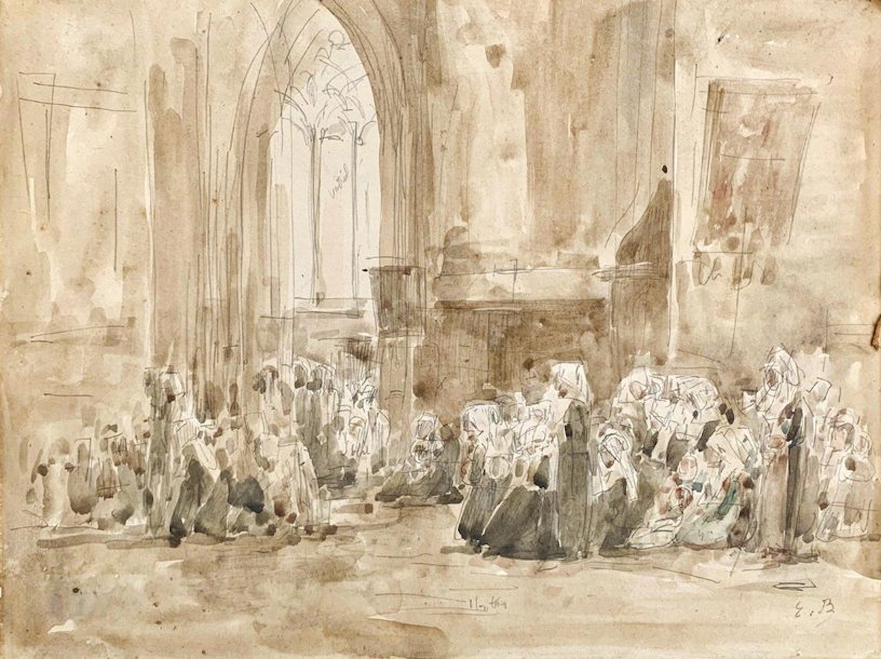 Nuns praying in a church by Eugène Boudin