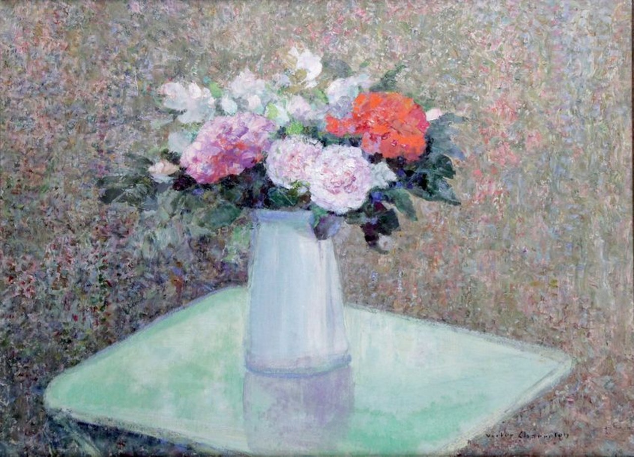 Vase of flowers on an entablature by Victor Charreton