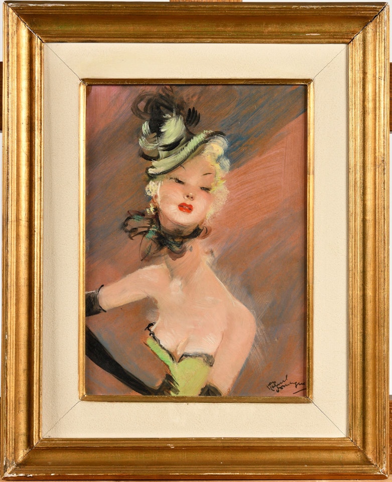 Elegant woman in a dress and green bibi by Jean Gabriel Domergue