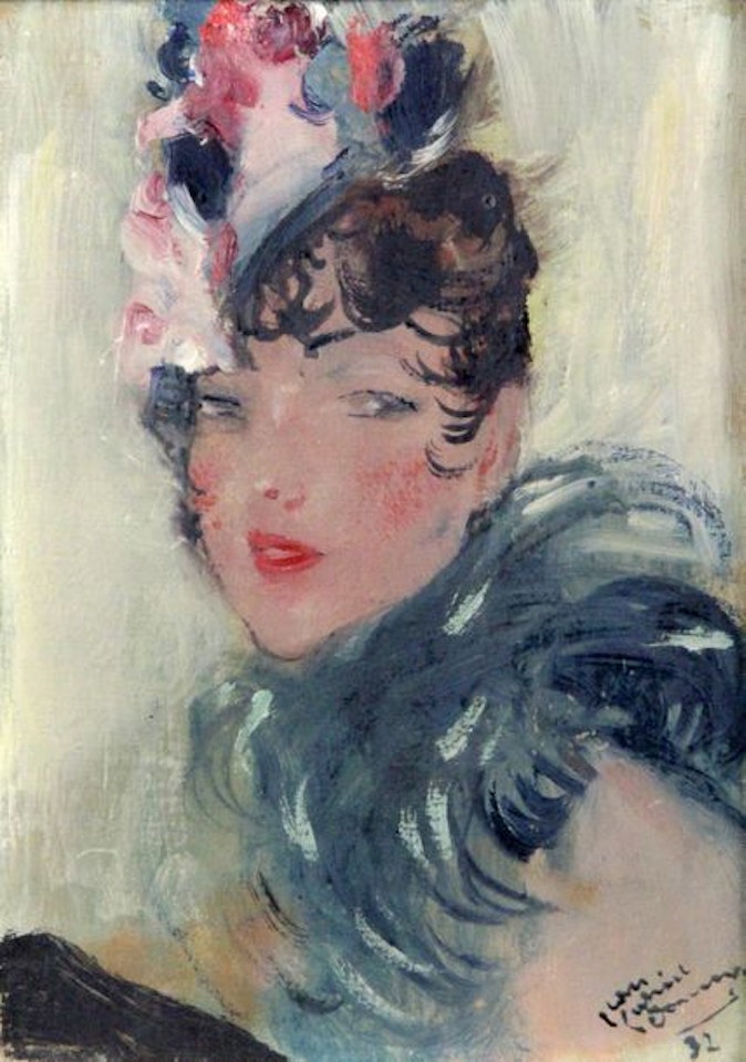 Young woman with bibi and boa by Jean Gabriel Domergue
