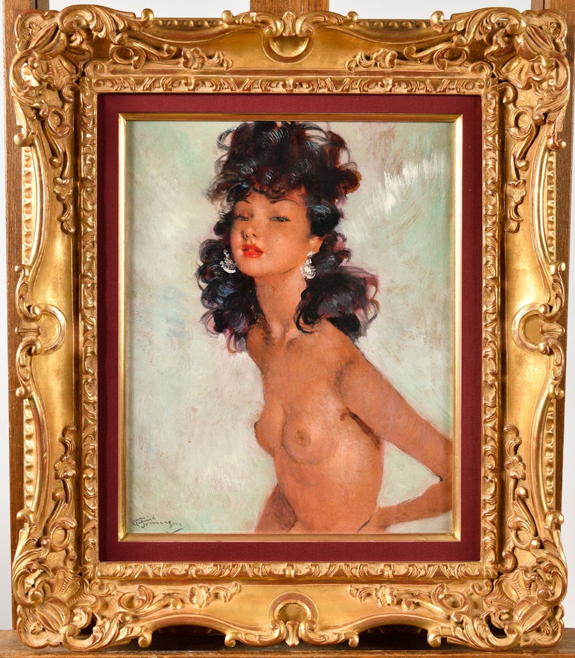 Femme nue à mi-corps aux boucles d"oreilles blanches by Jean Gabriel Domergue