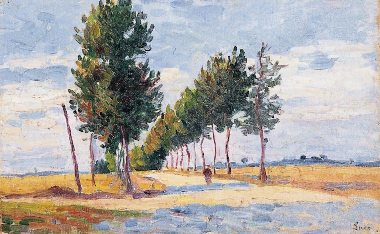 WALKING ON THE TREE-LINED ROAD IN MERREVILLE by Maximilien Luce