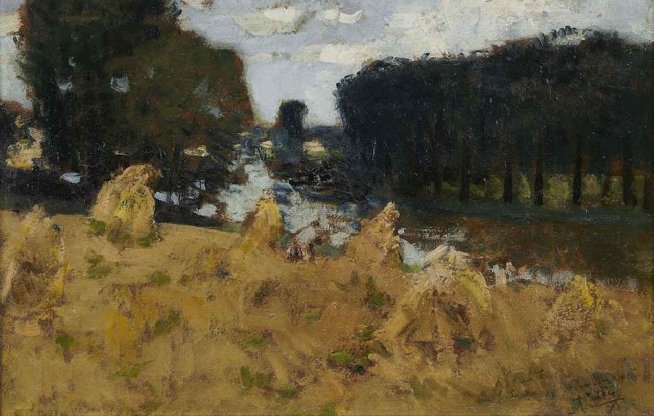 Millstones in a river landscape by Pierre Eugène Montezin