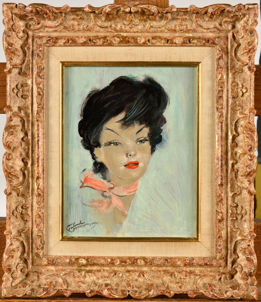 Young brown woman with red scarf by Jean Gabriel Domergue