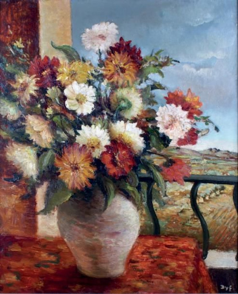 BOUQUET OF ZINIAS IN FRONT OF THE WINDOW by Marcel Dyf