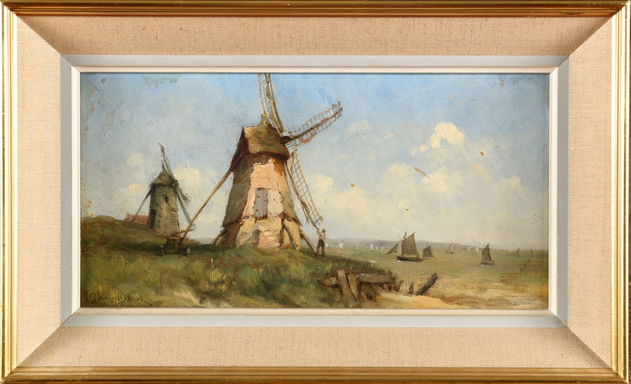 Windmills by the canal by Paul Désiré Trouillebert
