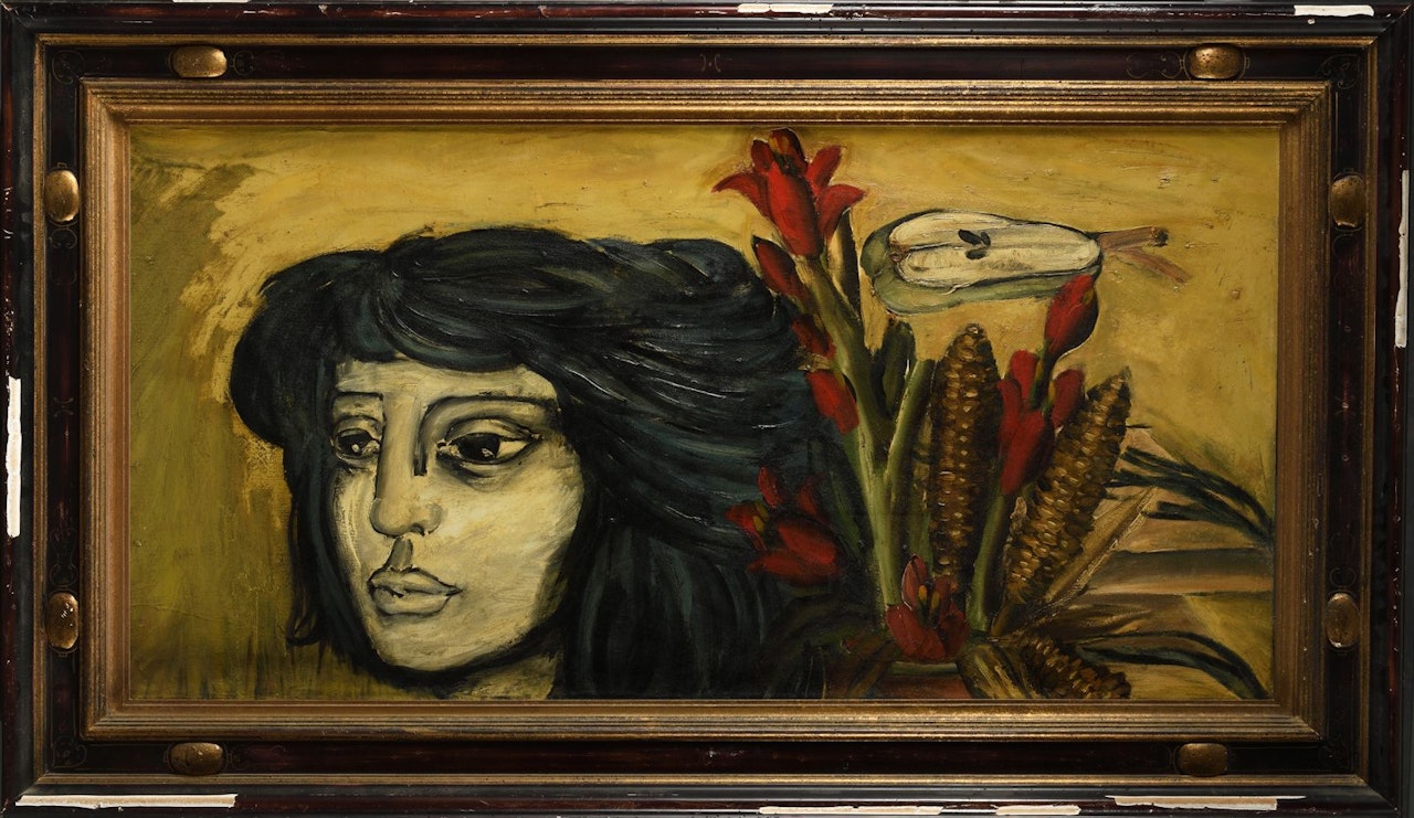 Portrait of a woman with corn and pear by Franz Priking