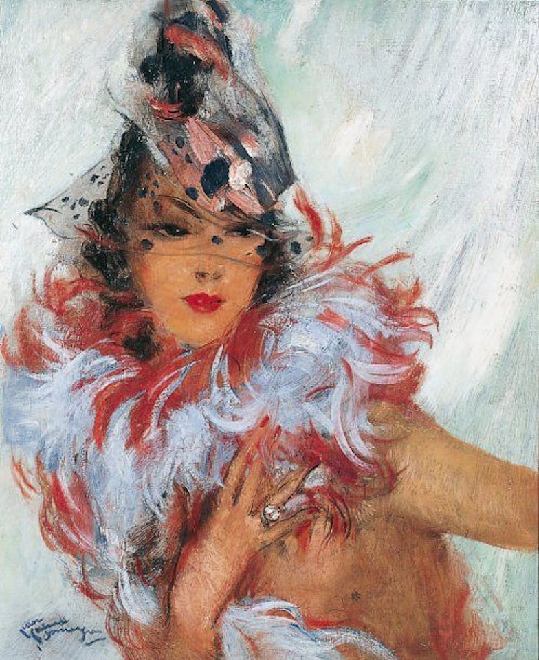 ELEGANT YOUNG GIRL WITH RED AND WHITE BOA by Jean Gabriel Domergue