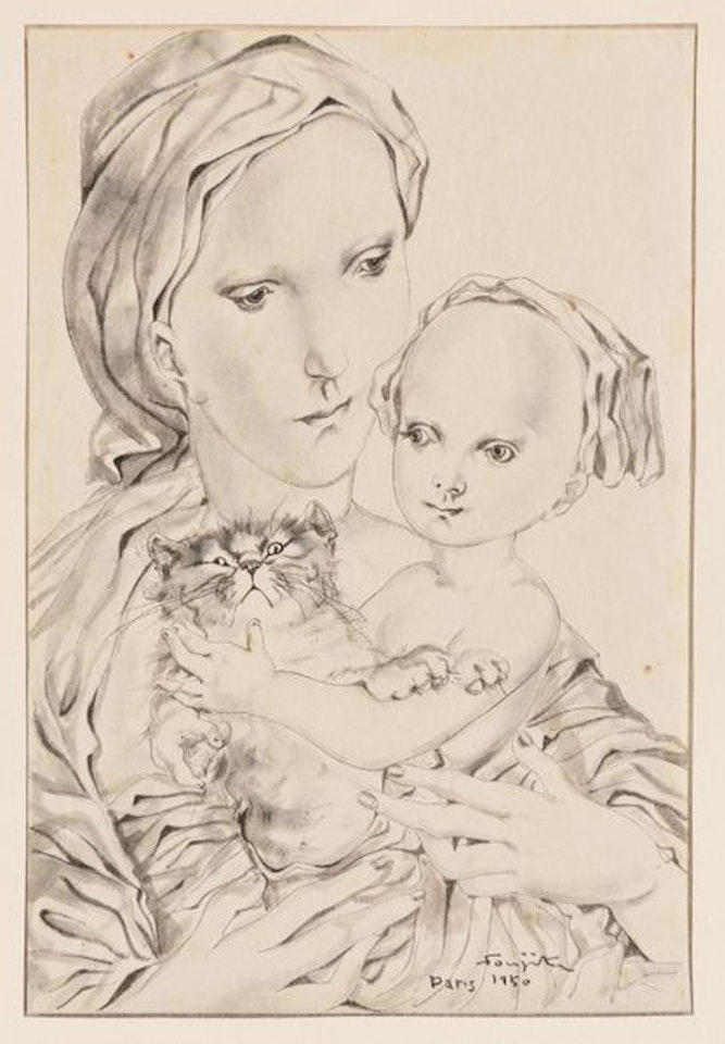 Woman with child and cat by Leonard Tsuguharu Foujita