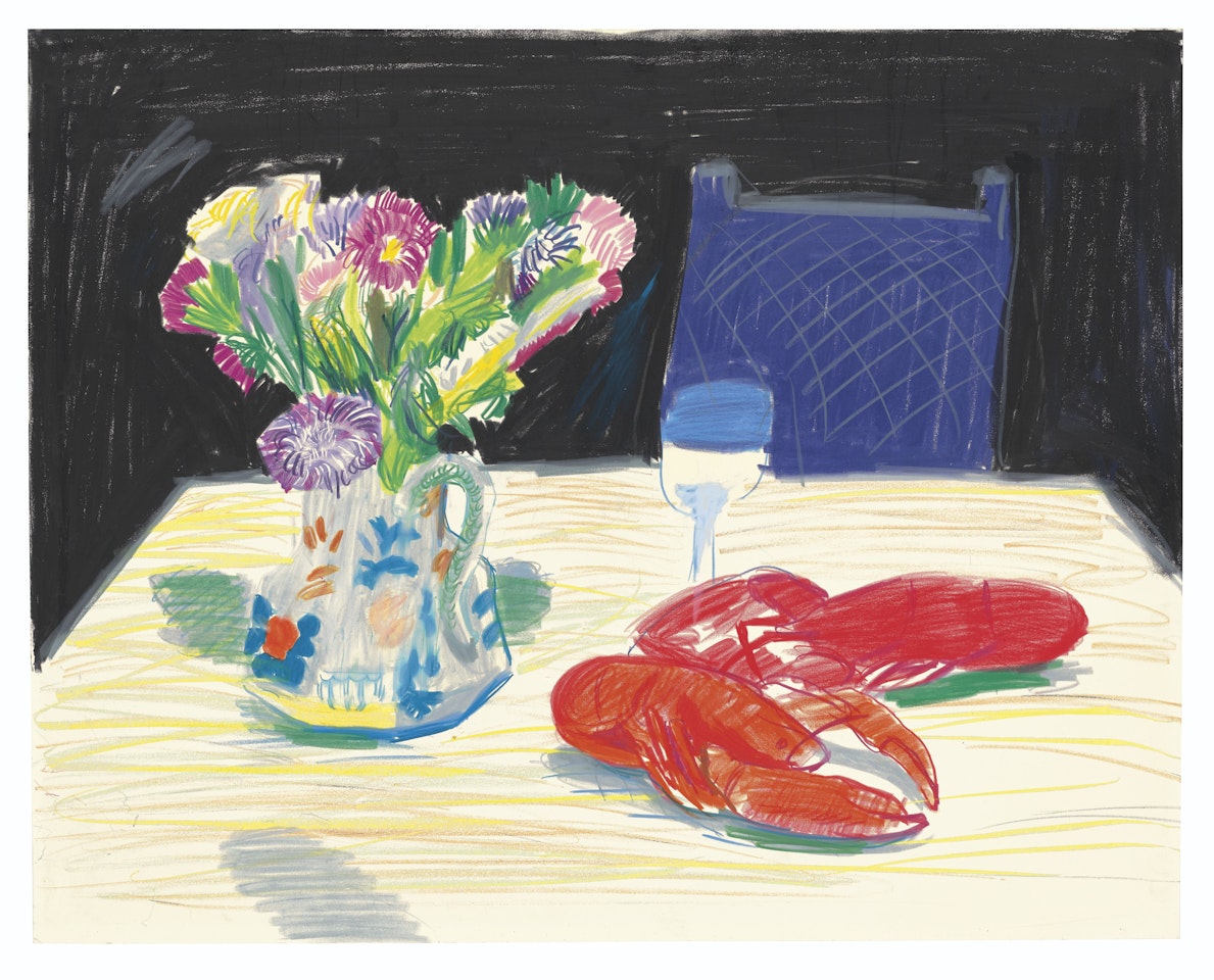 Still Life with Flowers and Lobster at Odin's Restaurant by David Hockney