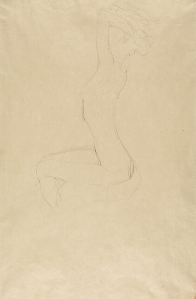 Sitting nude girl with arms raised. by Gustav Klimt