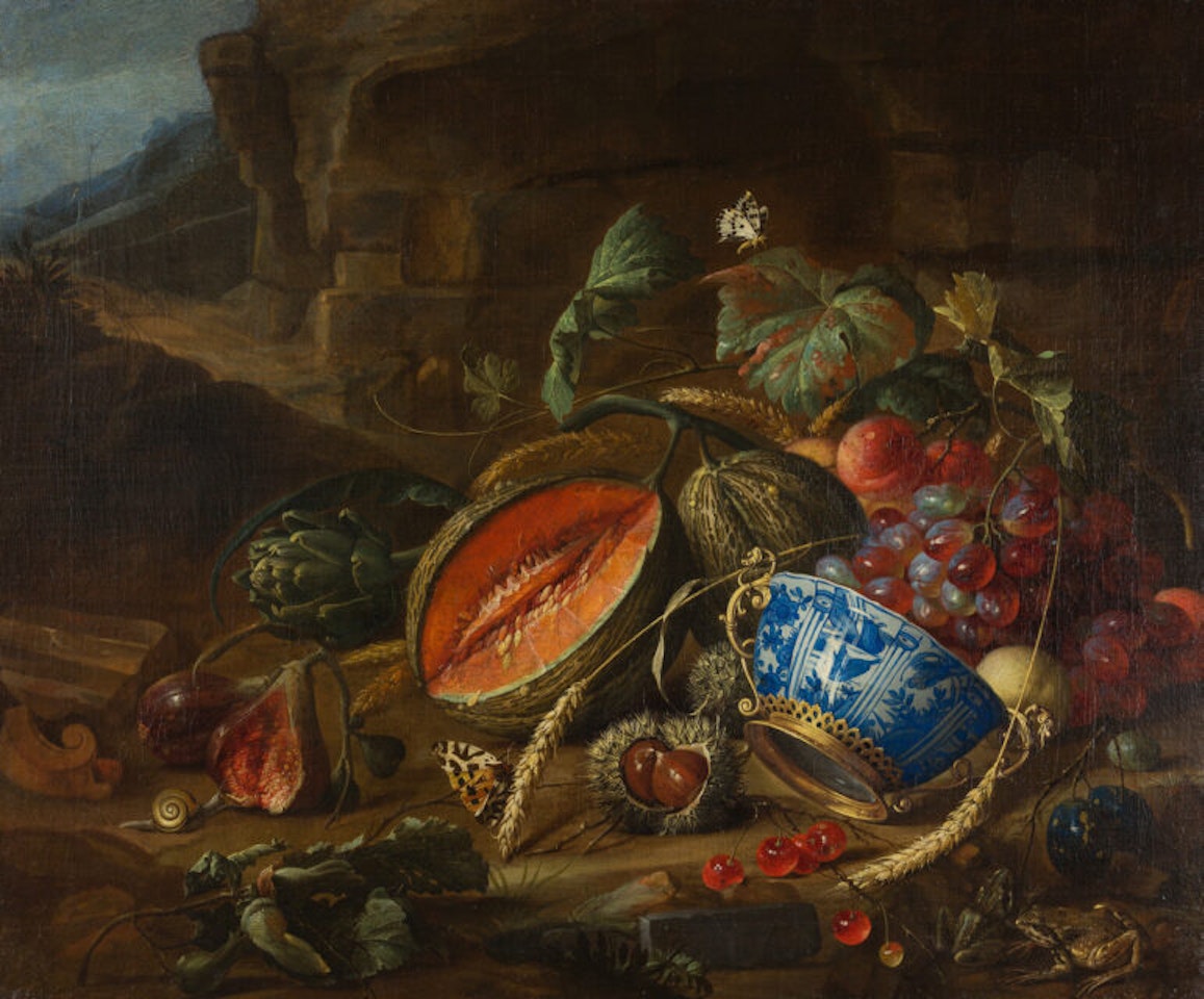 Fruit still life with a Wan-Li bowl in a landscape. by Cornelis de Heem