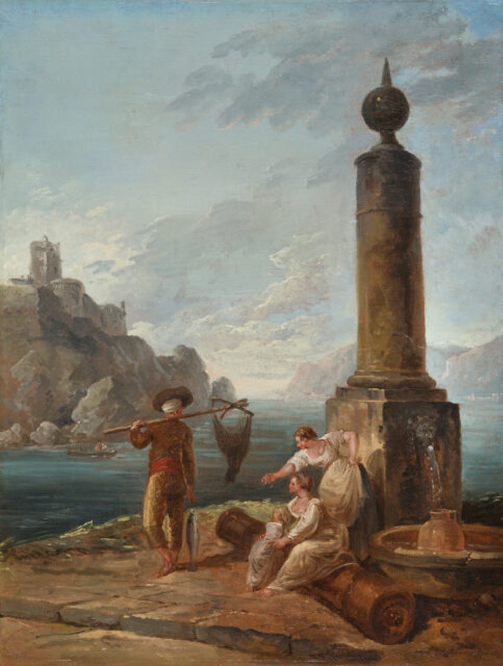 Harbor scene (Scène de port). by Hubert Robert