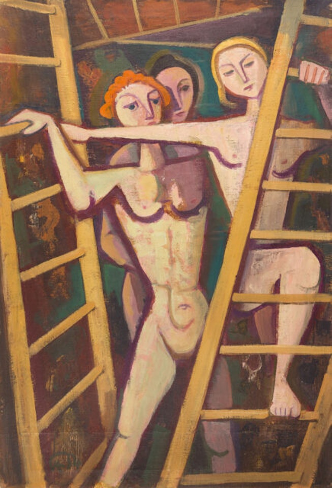 Three girls between ladders. by Karl Hofer