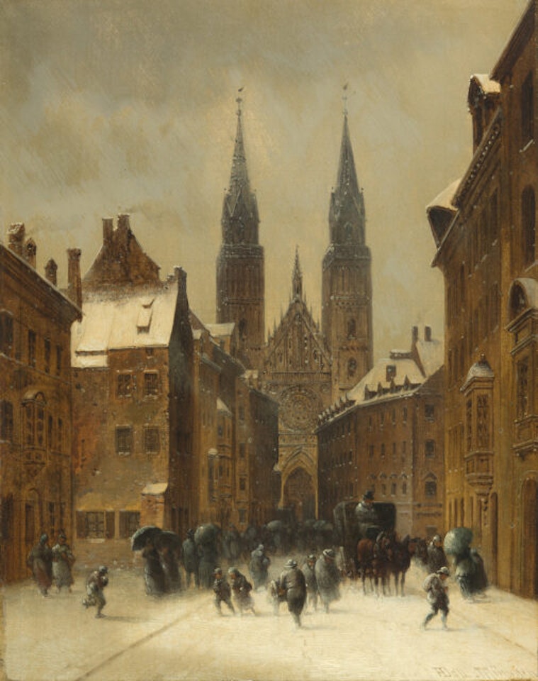 Nuremberg x Karolinenstrasse with St. Lorenz Church in winter. by Anton Doll
