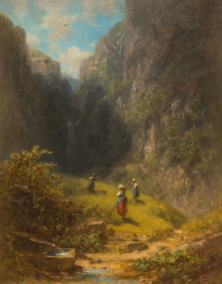 Hay harvest in the high mountain valley. by Carl Spitzweg