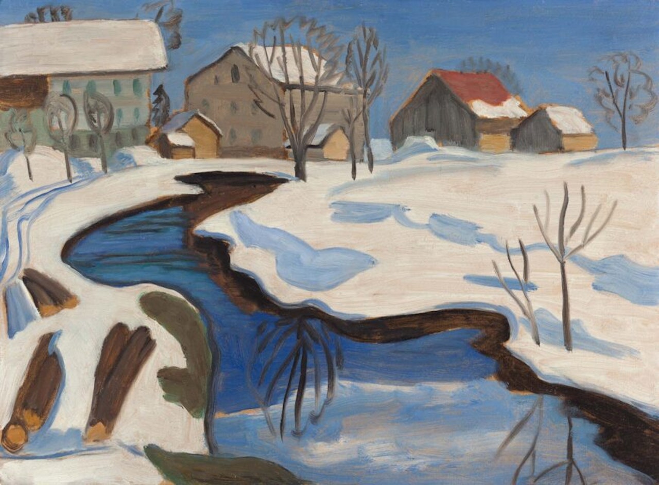 Moorbach with houses in the snow. by Gabriele Münter